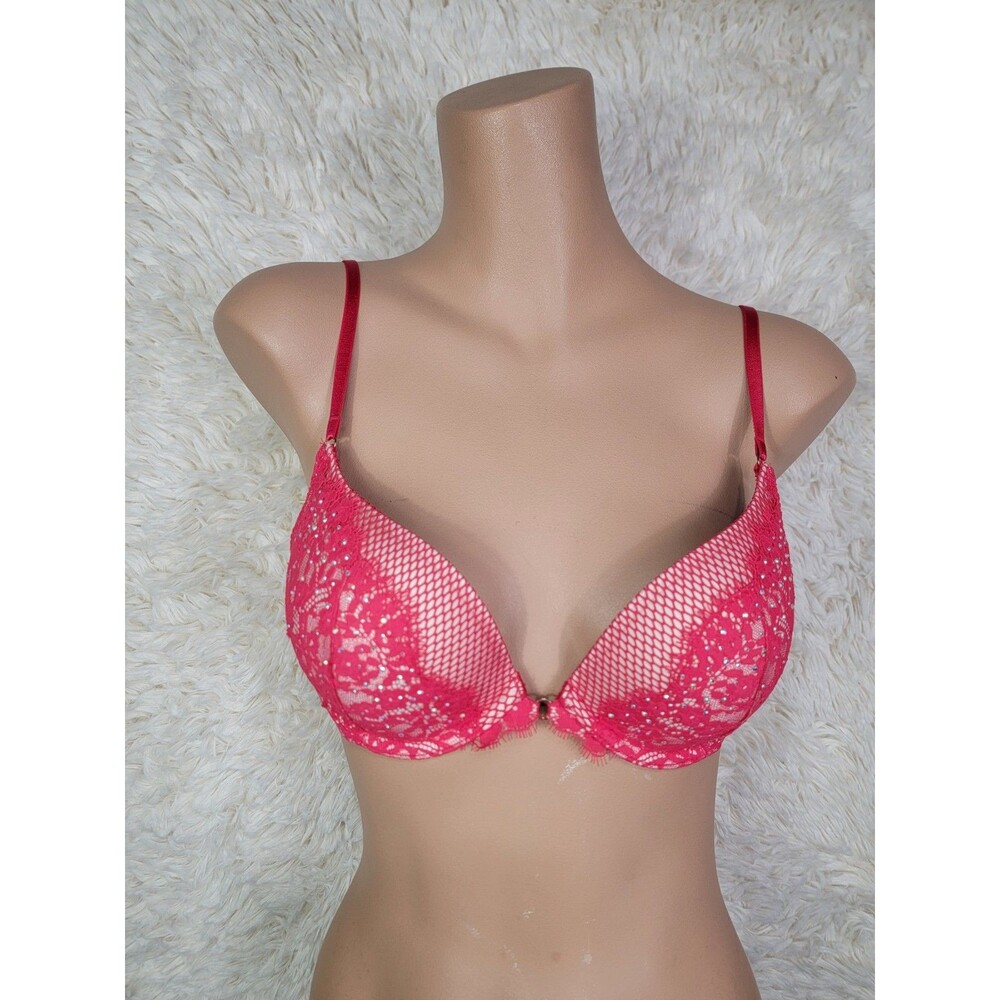 Victoria’s Secret Very Sexy Push Up Bra Size 34C Neon Pink Lace Rhinestone P